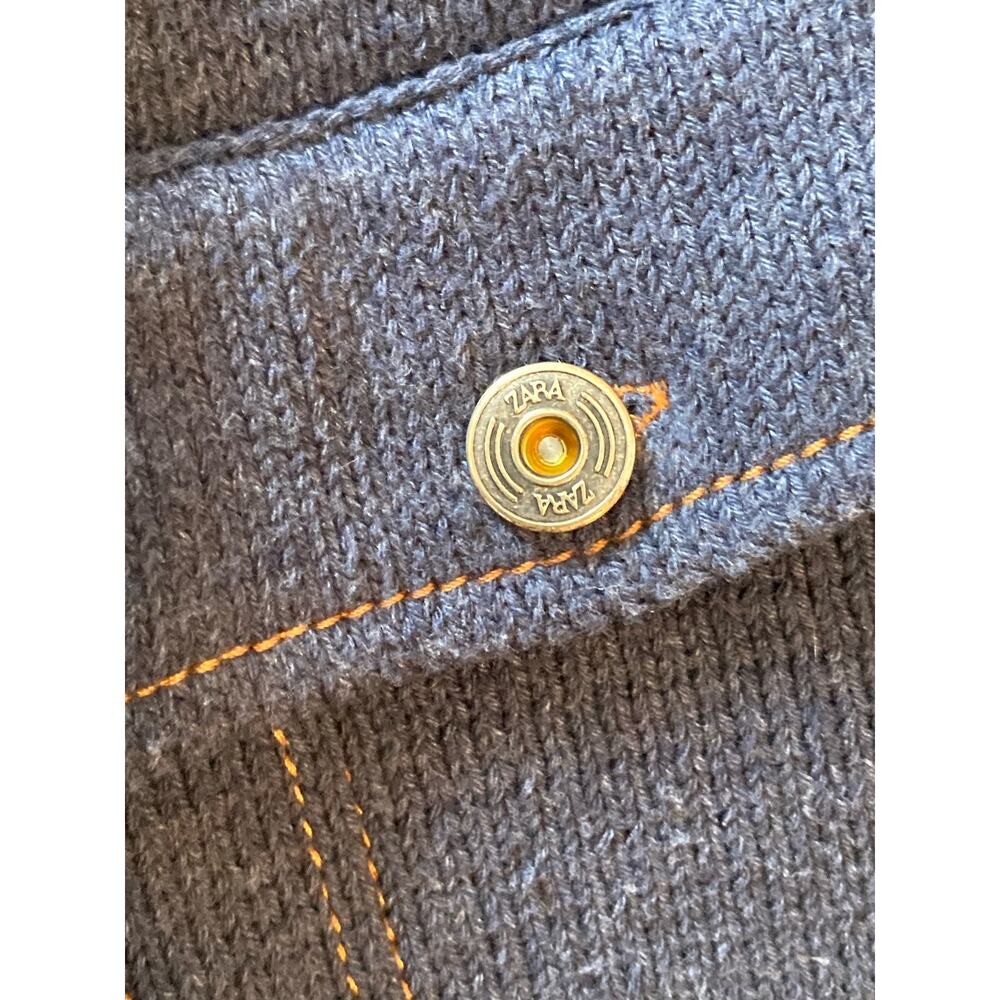 Zara Cropped Knit Chore Jacket Blue Gold Stitching Like Denim Fall Cosy ~ Size L - Picture 5 of 10